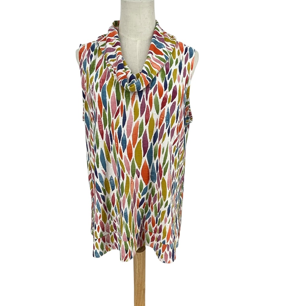 Pure Essence Sleeveless Cowl Neck Tunic Top Multi Color‎ Leaf Print XL